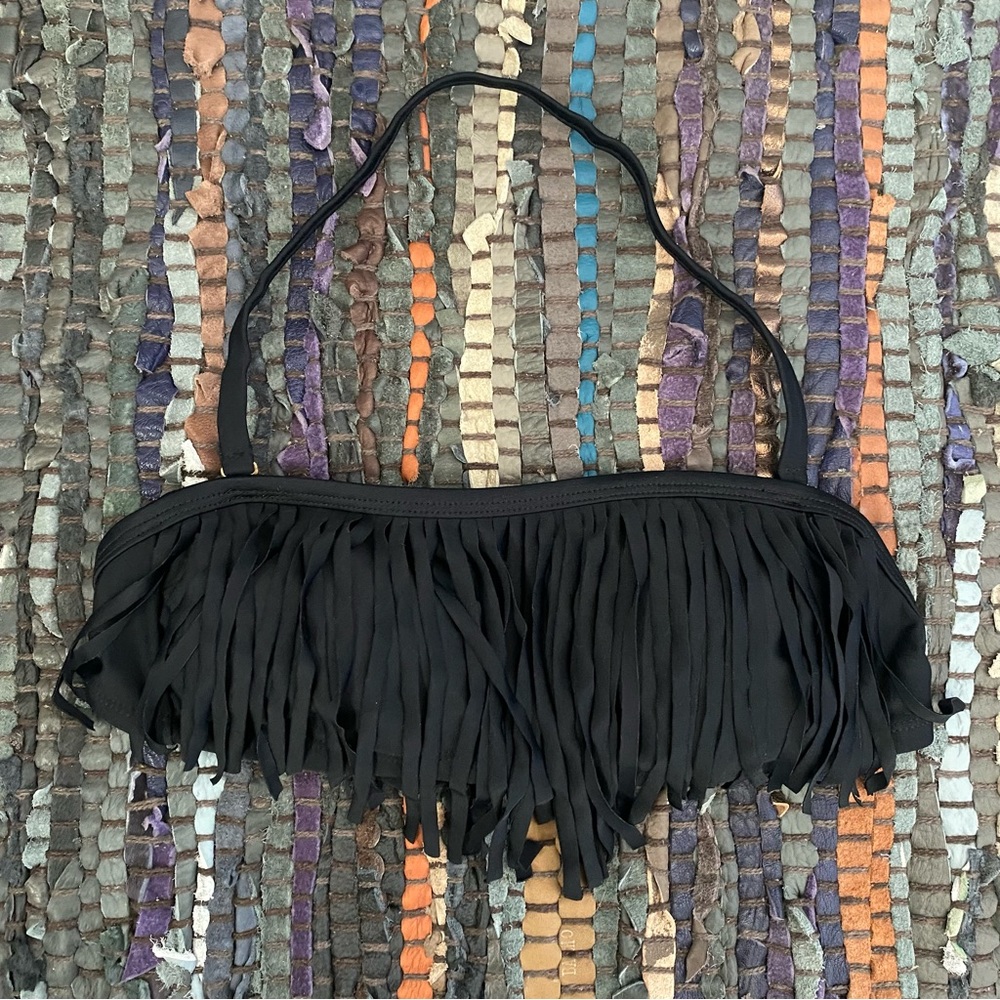 Xhilaration Black Convertible Fringe Boho Hippie Bandeau Bikini Swimsuit Top